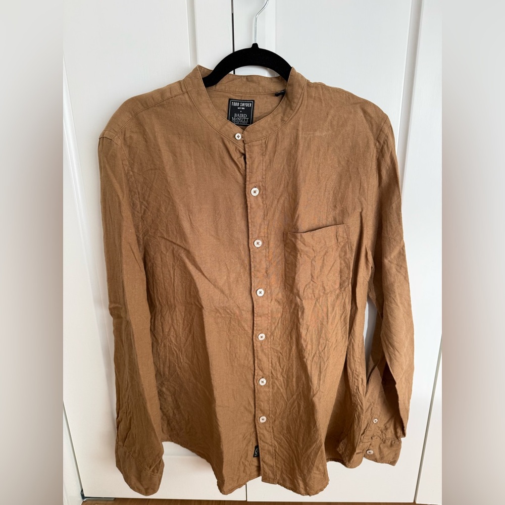 Todd Snyder Men's Camel Linen Button Down Shirt - Band Collar